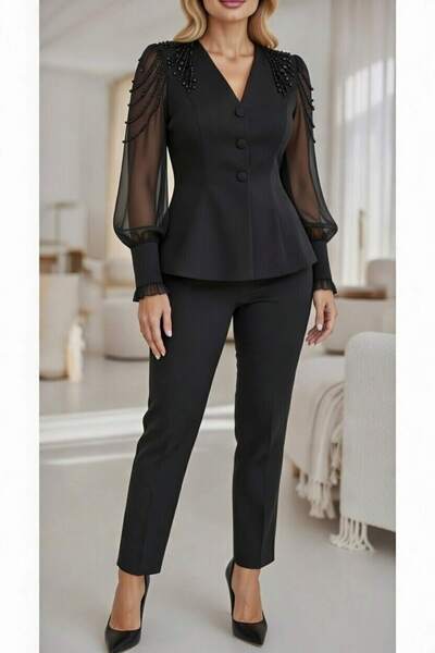 ZISHAN White Pearl Bead Embroidered Chiffon Sleeve Premium Double Set - Blous...