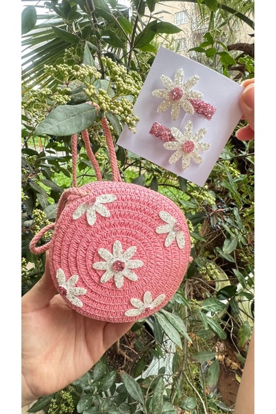 Toka Perisi Kız Çocuk Hasır Pembe Papatya Figürlü Omuz Çantası ve Toka Seti–B...