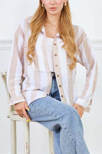 zenne Striped Casual Long Sleeve Shirt Beige