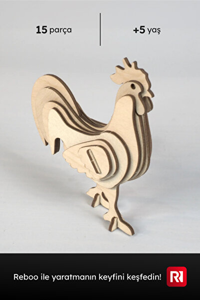 Reboo Ahşap Horoz 3D Puzzle Boyama Seti 15 Parça Boya Seti Hediyeli Eğitici A...
