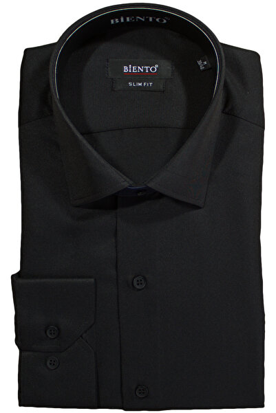 BİENTO Micro Saten Likralı Slim Fit Siyah Erkek Gömlek