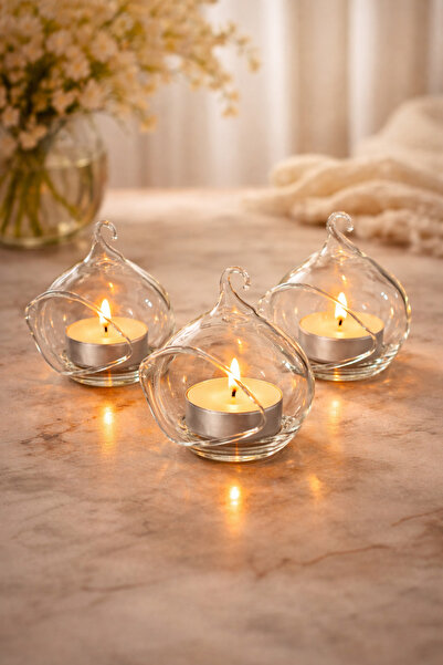 SNSTİCARET 3’lü El Yapımı Cam Mumluk Seti – Dekoratif Tealight Mumluk – Moder...