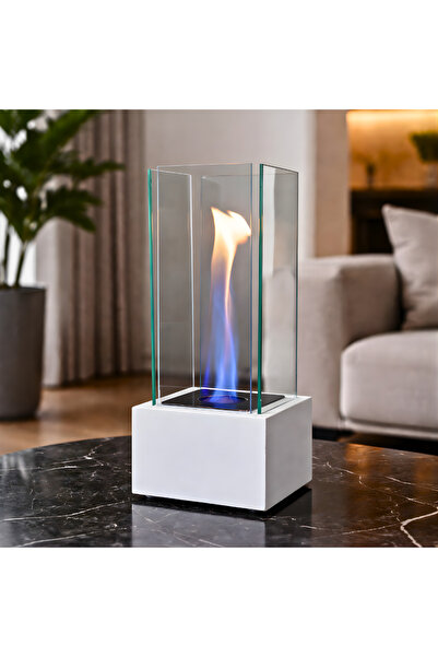 Zeronn VELORA Camlı Bioethanol Masaüstü Şömine – Modern Dekoratif Ateş BEYAZ