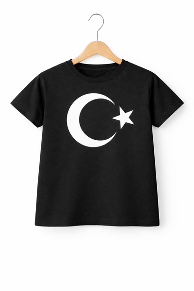 ues Черна детска тениска с къс ръкав и принт на полумесец и звезда