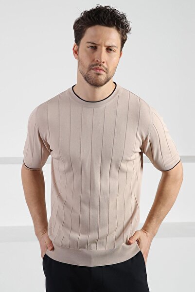 Ferraro Tricou pentru bărbați, bej, cu mânecă scurtă, cu gât crew, din viscoză