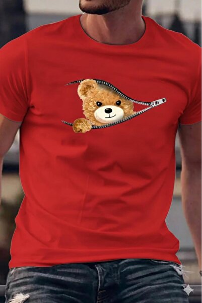 CAST COLLECTİON Men's Red Zippered Bear Printed Oval T-Shirt