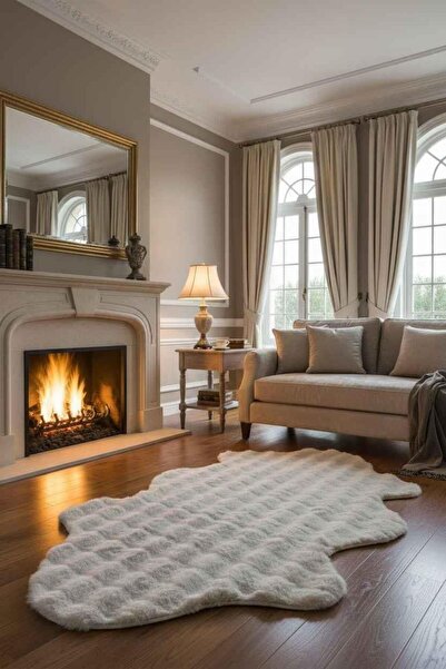 ROSSEV Peluş Model Kaydırmaz Tabanlı Buble Asimetrik Dekoratif Halı Krem 80x1...