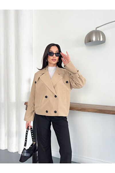 Ekim Store Double-Breasted Lined Trench Jacket with Belted Sleeves