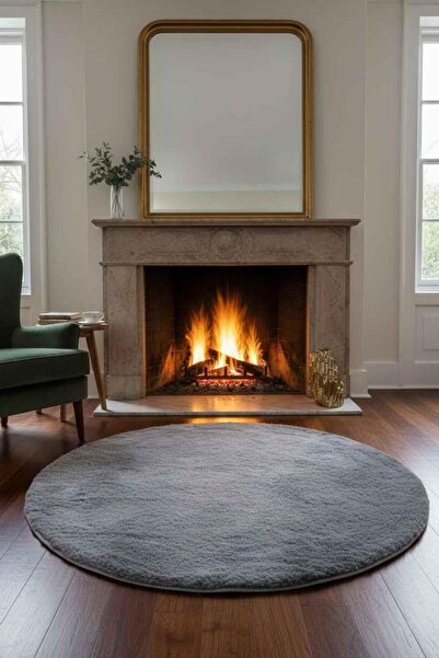 ROSSEV Peluş Model Kaydırmaz Tabanlı Yuvarlak Dekoratif Halı Antrasit 100x100cm