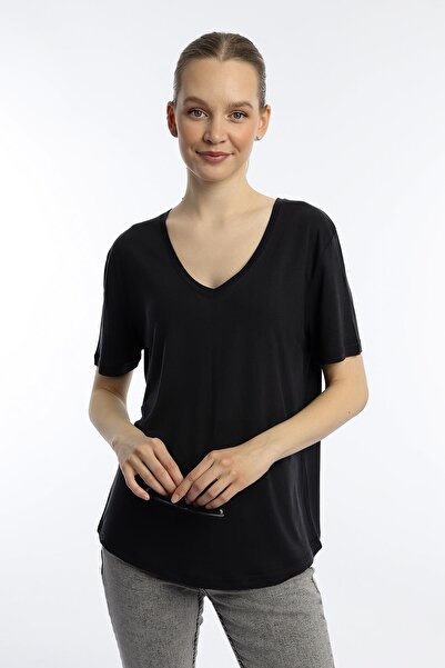 QUHOX Γυναικείο T-Shirt από ύφασμα μπαμπού με λαιμόκοψη σε μαύρο χρώμα