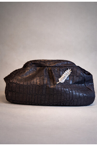 Sade Fashion Women's Black Textured Clutch Bag with Metal Leaf Detail, Handmade