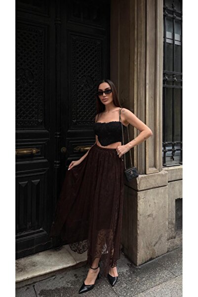 BLUSS Brown Jacquard Lace Long Skirt