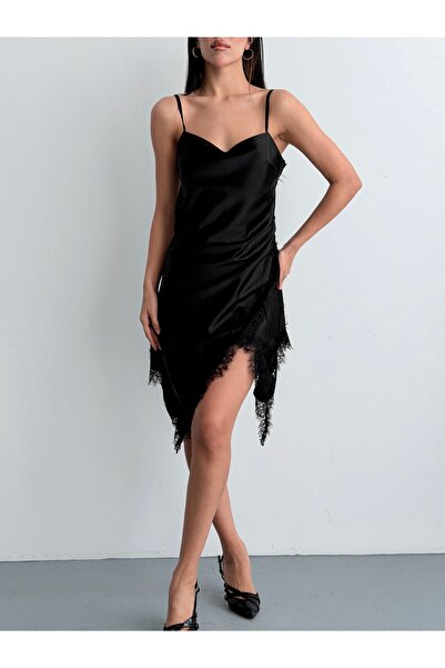 solena sln Γυναικείο Σατέν Ασύμμετρο Κομψό Φόρεμα με Δαντέλα και Ντραπέ - Μαύρο