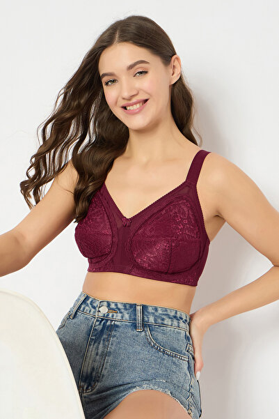 Clovia Non-Padded Non-Wired Full Coverage Minimizer Bra in Maroon - Lace