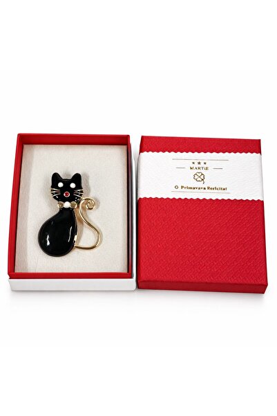 OEM Elegant Black Cat Brooch with Gold and Pearl Details