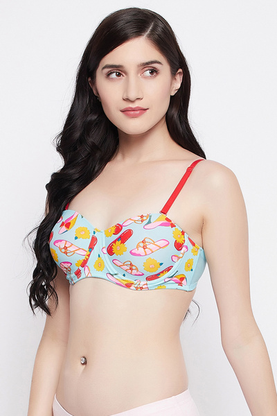 Clovia Padded Underwired Full Cup Printed Multiway Balconette Bra in Powder Blue