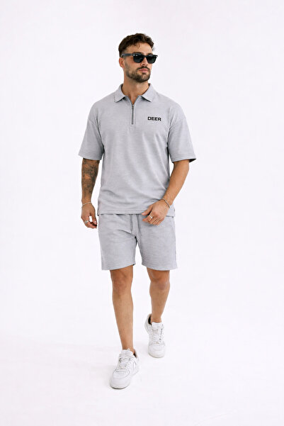 comstar Men's Polo Collar T-Shirt Loose Shorts Gray Summer Two-Piece Set