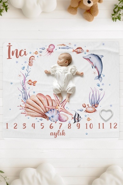 Lilabio %100 Pamuk İsme Özel Bebek Fotoğraf Çekim Anı Örtüsü (120x100 cm) Deniz