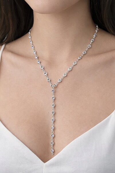 TAKIŞTIR Silver Color Stone Detailed Y Necklace