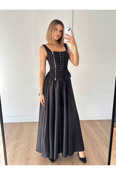 Miss Beyoğlu Women's Black Eyelet Tie Detail and Zipper Corset Long Dress (Sk...
