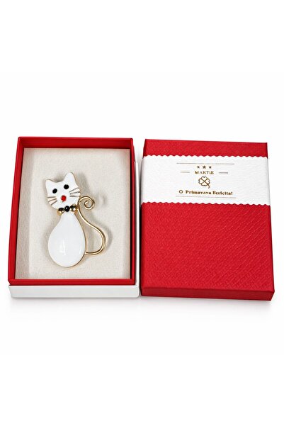 OEM Elegant White Cat Brooch with Gold Details, in Gift Box