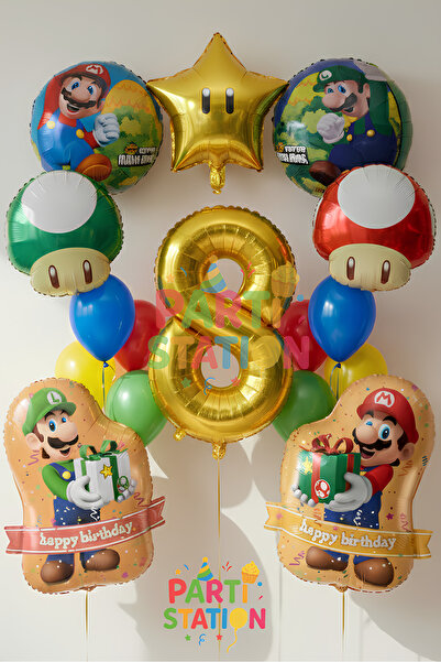 Parti Station مجموعة بالونات عيد الميلاد بعمر 8 سنوات بتصميم ماريو، 16 قطعة