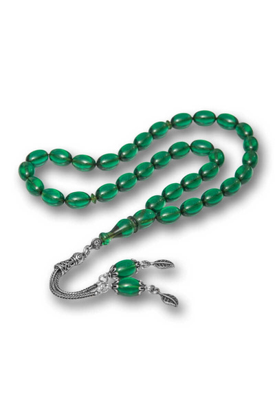 bazarhane Silver Tasseled Green Fire Amber Prayer Beads