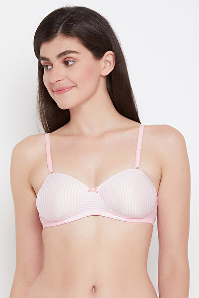 Clovia Padded Non-Wired Demi Cup Striped Multiway Balconette Bra in Baby Pink