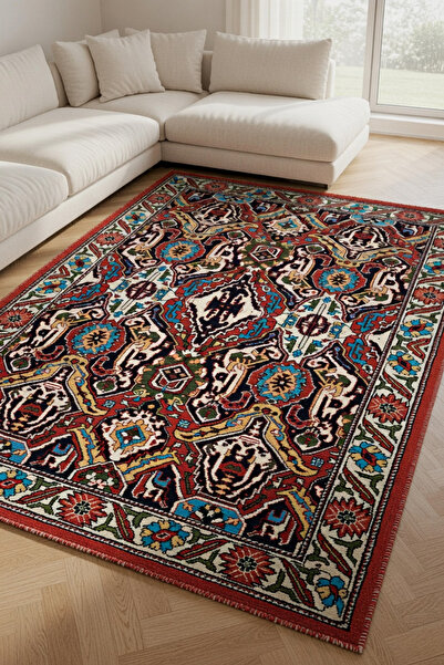kilim home Anatolian Ethnic Patterned Non-Slip Base Carpet – Red Navy Blue Cl...