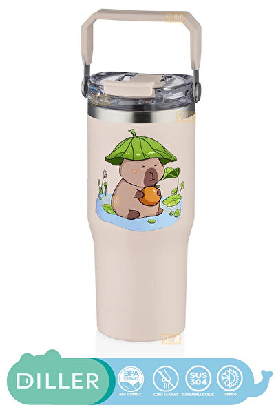DILLER 950ml Sevimli Kapibara Tumbler Pipetli/Pipetsiz Kullanım Kulplu Paslan...