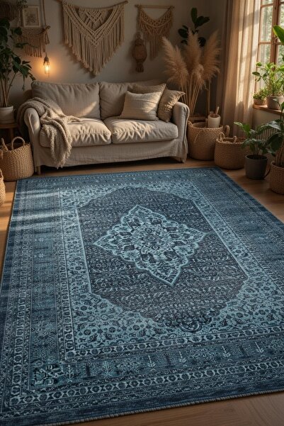 kilim home سجادة زرقاء كلاسيكية بقاعدة مانعة للانزلاق - نمط ميدالية فاخر بنمط...