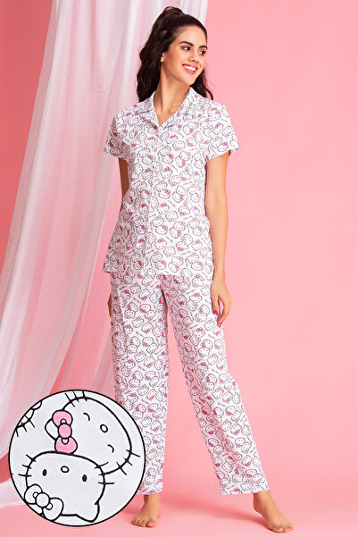 Clovia طقم بيجاما وقميص بأزرار مطبوع عليه صورة هيلو كيتي باللون الأبيض - قطن ...