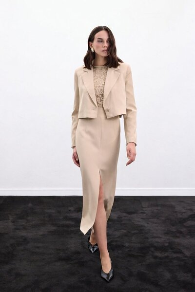 Sateen Slit Midi Skirt - Beige