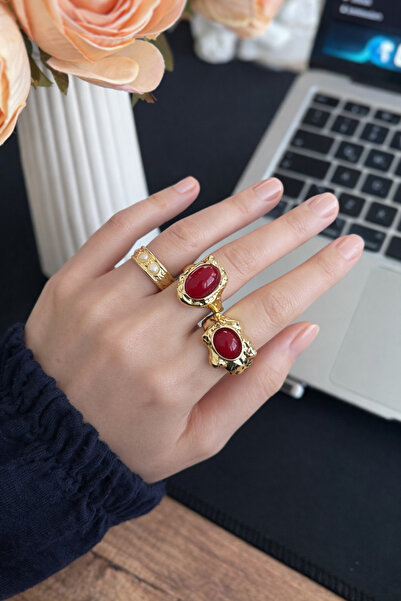 GLOSSY JEWELERY 14K Altın Kaplama Bordo 3 lü Yüzük Seti