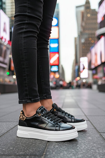 LUXEON Women's Black Patent Leather Daily Lace-Up Sneaker with Leopard Detail...