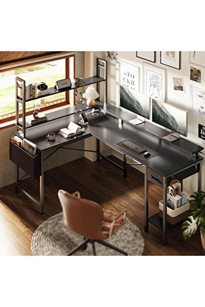 Generic مكتب ألعاب ومكتب منزلي على شكل حرف L مزود بإضاءة RGB ومنافذ USB باللو...