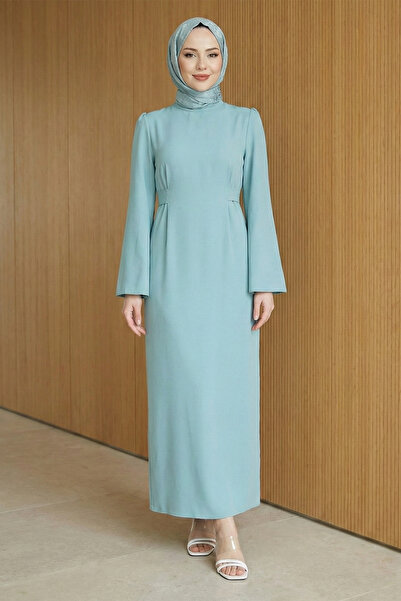 FERHEL Hakim Collar, Belted, Back Zipper, Sleeve Cuffs, Hijab Pencil Dress - ...