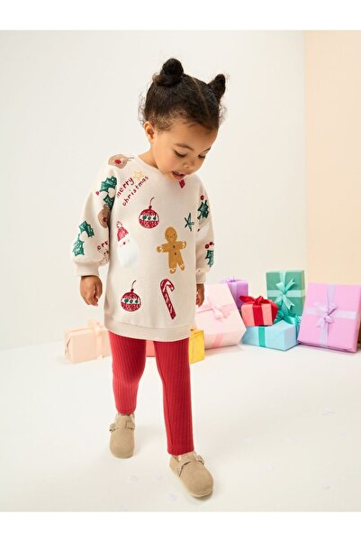 Next Baby طقم سترة قطنية بيج/حمراء مطبوعة بتصميم عيد الميلاد (الجزء العلوي وا...