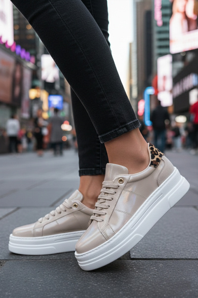 LUXEON Women's Beige Patent Leather Daily Lace-Up Sneaker with Leopard Detail...