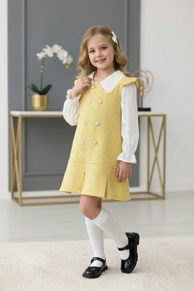 Minigimin Cicileri فستان مينيجيمين سيكيليز تويد بأزرار للفتيات - أصفر