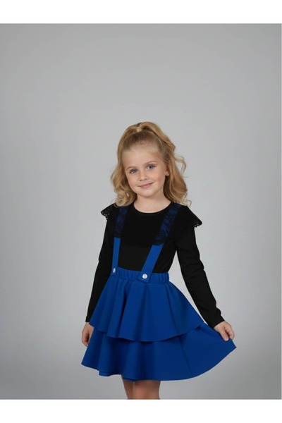 zubi kids Girl's Black Lace Collared Saks Blue Layered Salopet Skirt Set (Age...