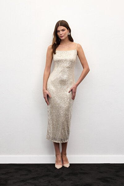 Sateen Strappy Long Sequin Dress - Beige
