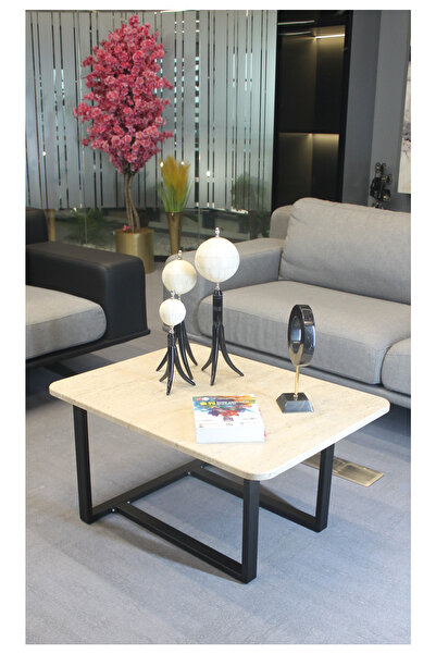 DECORAMİS Palermo Orta Sehpa Traverten - Siyah - Dekoratif Orta Sehpa- Orta S...