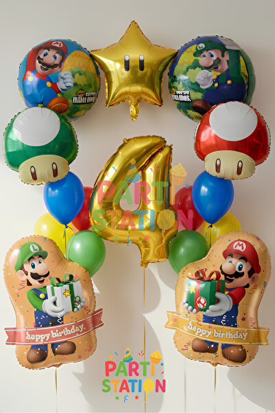 Parti Station Super Mario Temalı 4 Yaş 16 Parça Doğum Günü Balon Seti