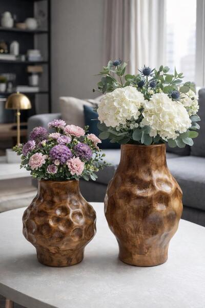 İLİVA Natural Ceramic Decorative Vase Set – Handmade Modern Design 2-Piece Br...