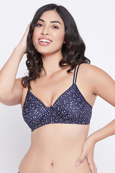 Clovia Padded Non-Wired Full Cup Star Print T-shirt Bra in Navy