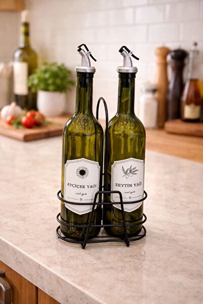 MEMİTA Cam Yağdanlık Seti – Ayçiçek & Zeytinyağı İçin Metal Standlı (2’li Set)