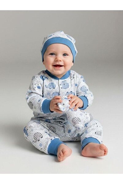 Zekids Patterned Cotton Jumpsuit with Baby Hat and Without Booties