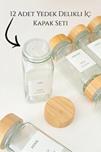 LeylArt Set of 12 Square Shape Glass Spice Rack with Bamboo Lids / 16 Labels