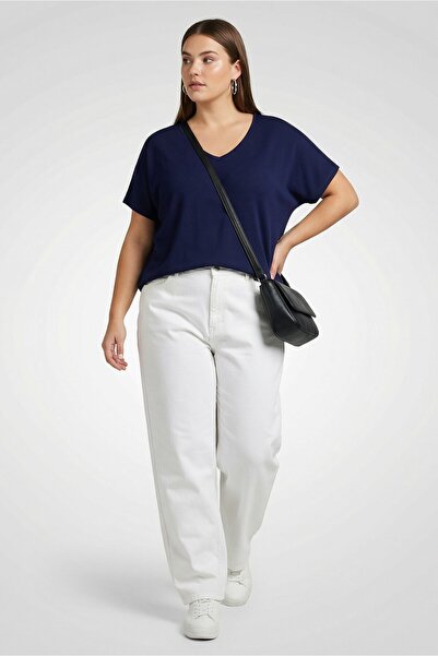 Tchibo Women Round Neck Short Sleeve Textured Top, Navy